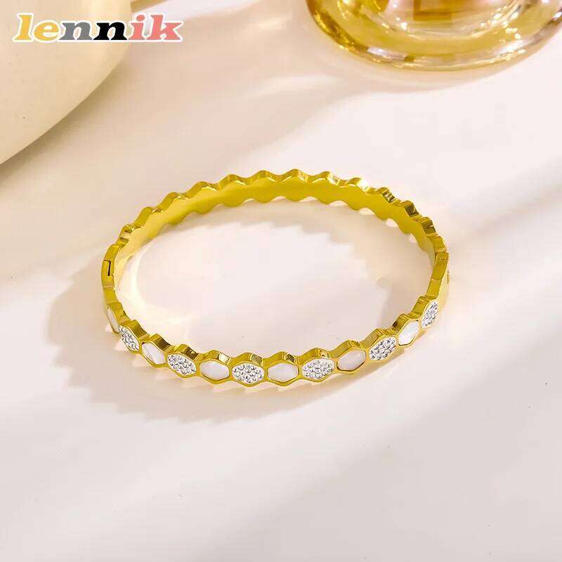 LENNIK Women's Titanium Steel Bracelet, New European American Style, Simple Stylish, Clasp Design,Shell Inlaid Diamonds,Hot Sale XJ260127