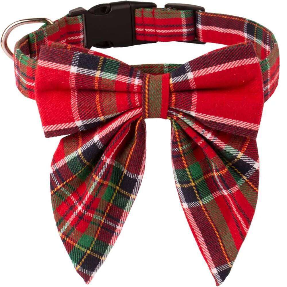 Bow Collar Adjustable & with Cotton Red Green Plaid Bowtie Dog Christmas Collars for Small Medium Large Dogs Pets pet supplies