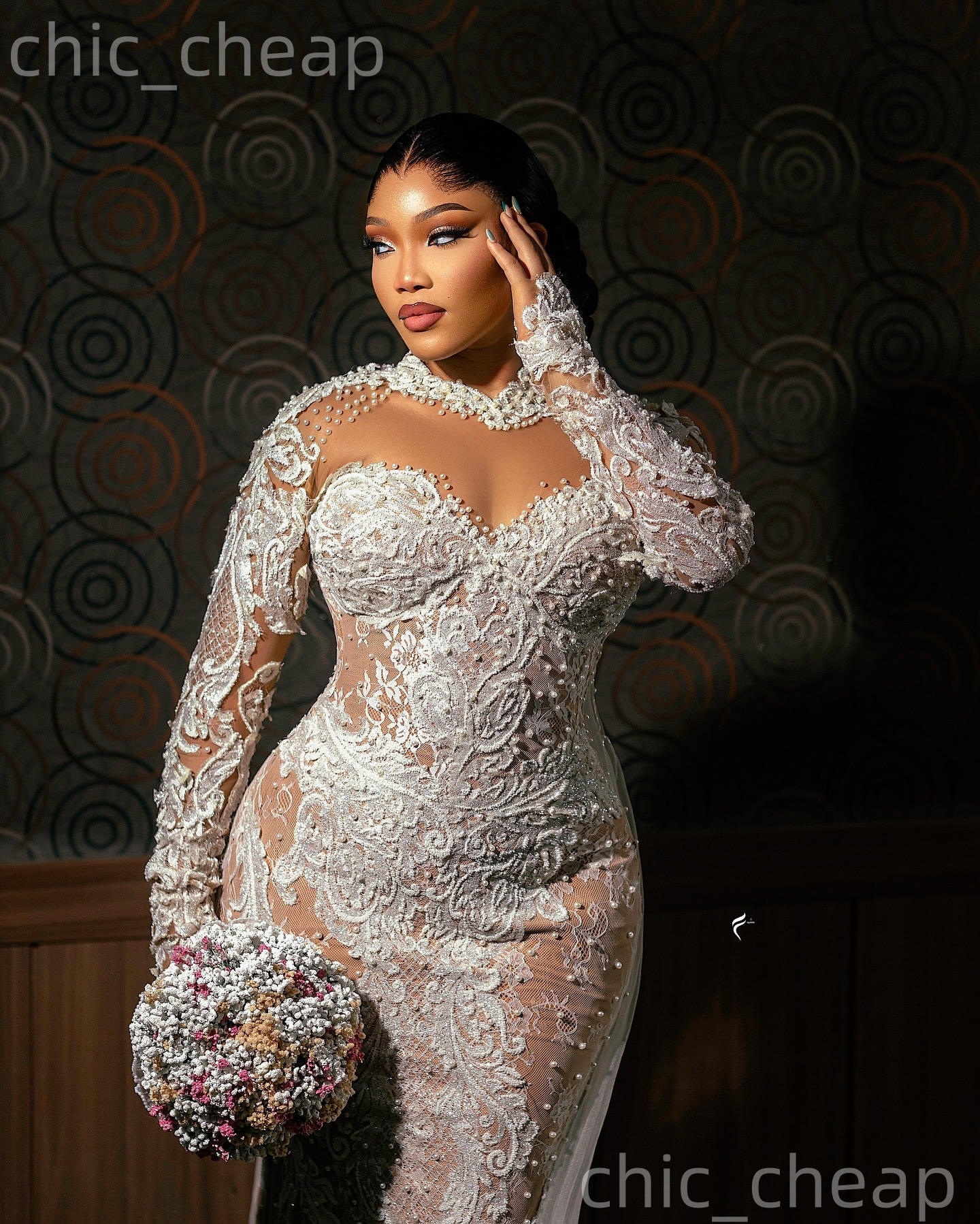 African Aso Ebi 2026 Ivory Mermaid Wedding Dress Pearls Illusion Lace Full Sleeves Sheer Neck Vintage Bridal Gowns Dresses ZJ234