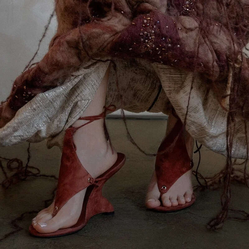 Women 2026 Brown Suede Wedges Heeled Lace Up Sandals Black 10Cm High Heels Women's Summer New Luxury Party Shoes