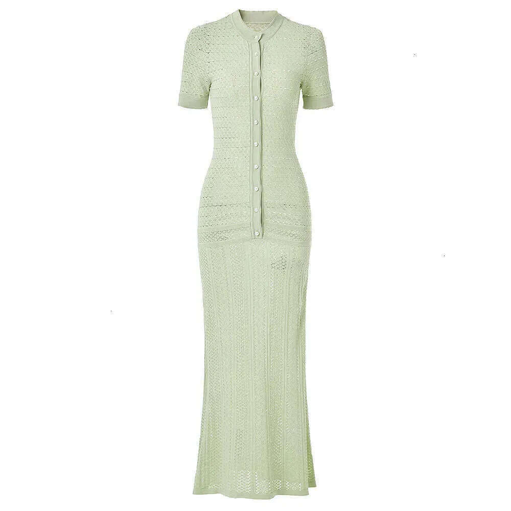 Sandro dress Designer Summer New Light Green Short Sleeved Hollow Waist Knitted Long Skirt Cross-Border European And American Hip Hugging Dress Trend C59
