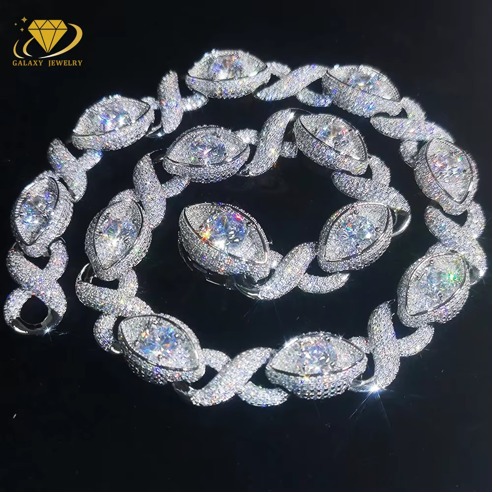 2026 Hip Hop Iced Out Bling 925 Silver Pass Diamond Tester VVS Moissanite 15MM Multi Gemstone Big Eye Eternity Cuban Chain for Men