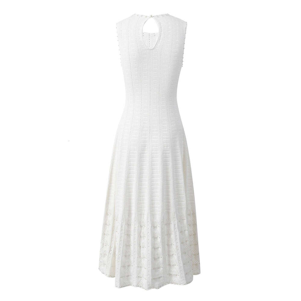 2026 Spring/Summer New Luxury Style Pearl Decor Hollow Knitted Sleeveless Slimming Long Dress
