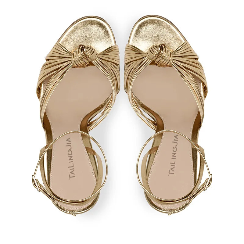 Summer woven stiletto fish mouth light gold PU sandals thin high-heeled banquet dress customized large-size womens shoes 260122