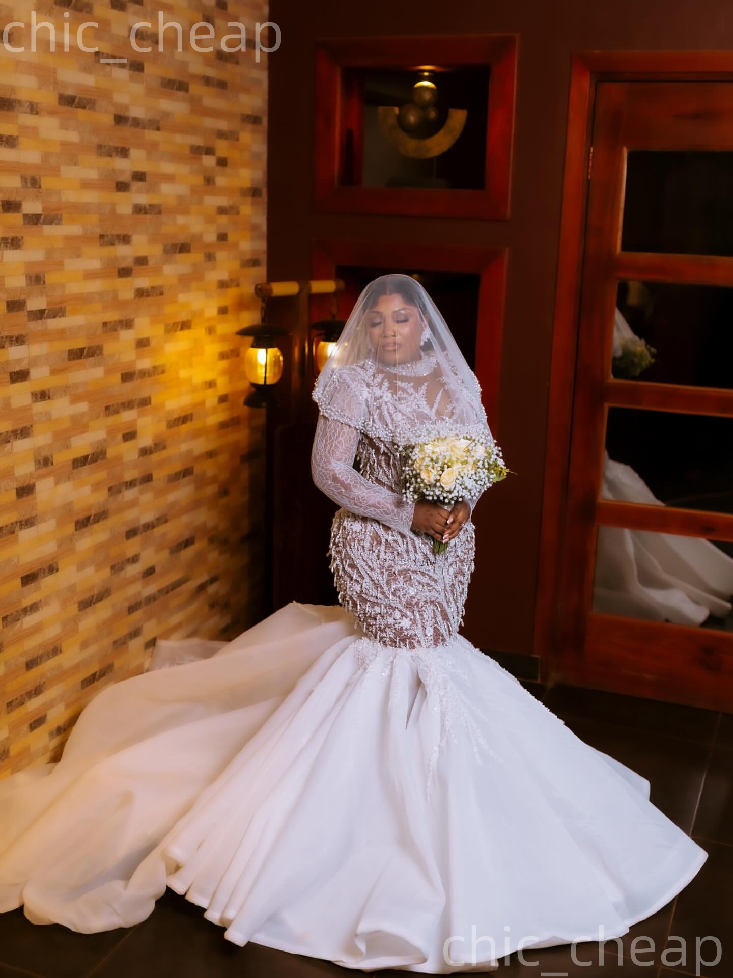 African Aso Ebi 2026 Ivory Mermaid Wedding Dress Illusion Lace Pearls High Neck Long Sleeves Vintage Charming Bridal Gowns Dresses ZJ2378