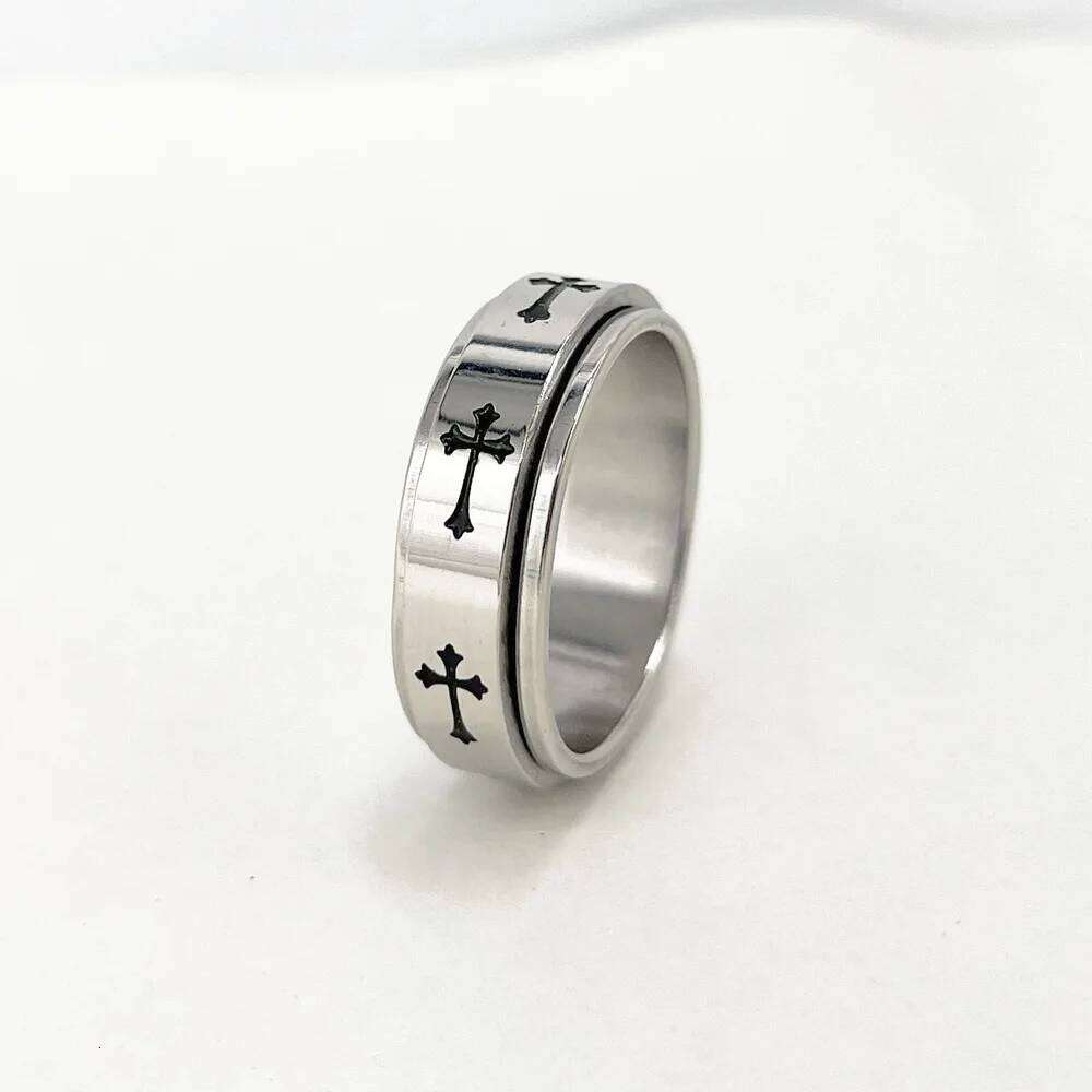 Rotatable Metal Cross For Men Women Silver Color Stainless Steel Ring Punk Gothic Simple Accessories Christian Jewelry Gift XJ260127
