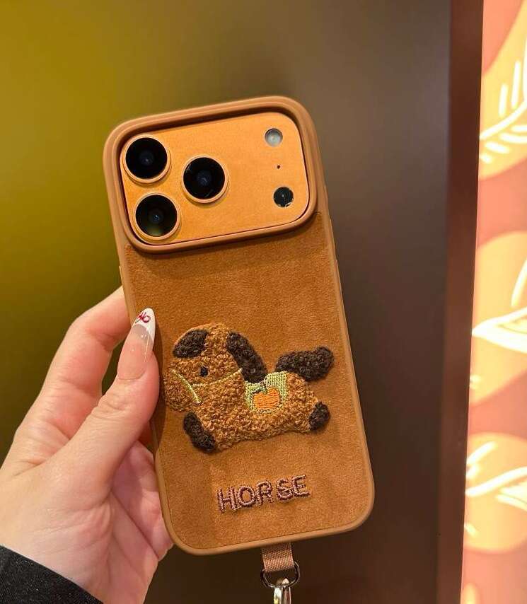 Embroidered Red Grapefruit Leaf Case for Apple 17 Pro Max iPhone 16/15/14 with Strap and Pom-Pom S260128