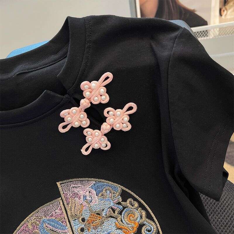 2025 Summer National Fashion Niche Retro Hollow Embroidery New Chinese Style Button Slimming Short Sleeve T-Shirt For Women