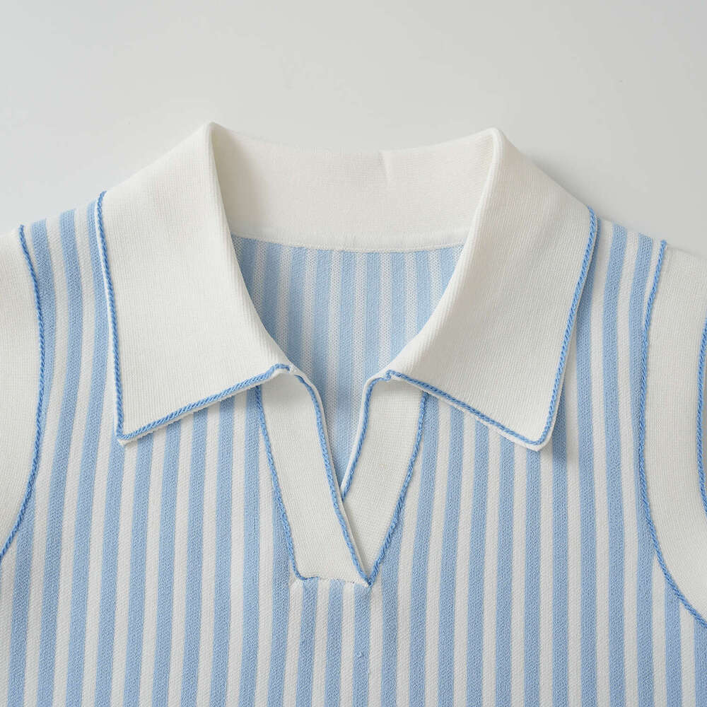2026 Designer New College Soft Blue and White Stripe Style Collar Sleeveless Tank Top Dress