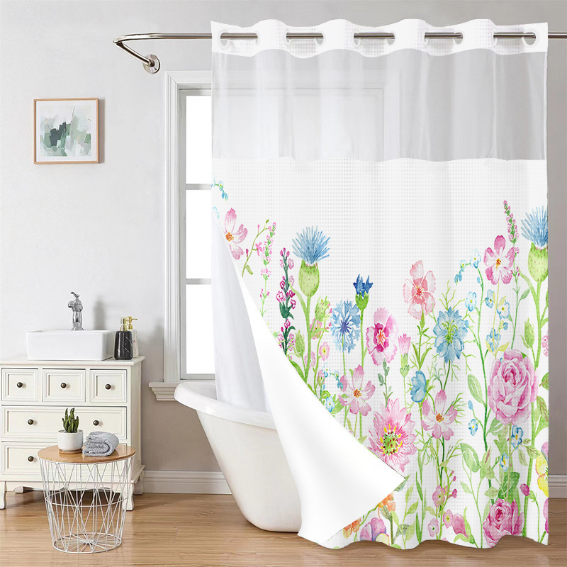 YL-38236 Hot Selling Digital Printed Double-Layer Large Ring Polyester Shower Curtain: Waterproof, Mildew-Proof, Floral Plant Bathroom Curtain
