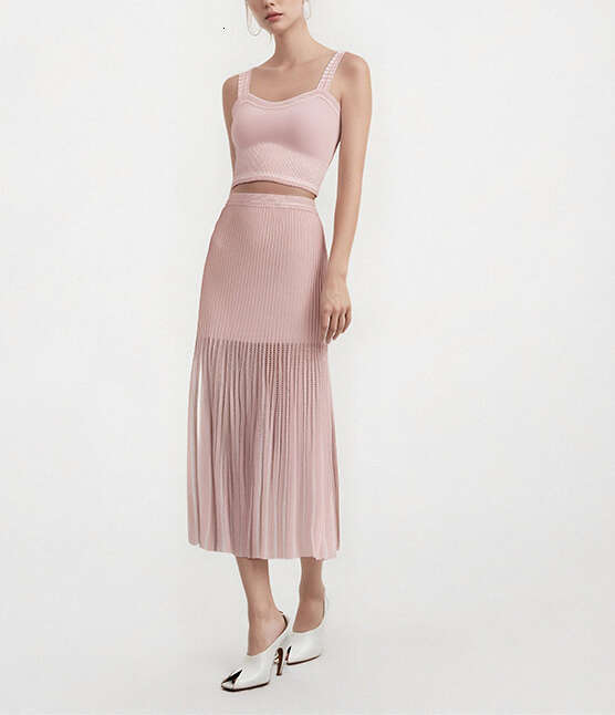 2026 Spring/Summer Black Knitted Elegant Belt Hollow Beaded Vest Top Skirt Fashion Casual Set