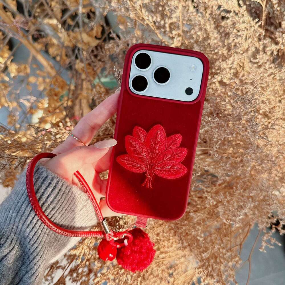 Embroidered Red Grapefruit Leaf Case for Apple 17 Pro Max iPhone 16/15/14 with Strap and Pom-Pom S260128