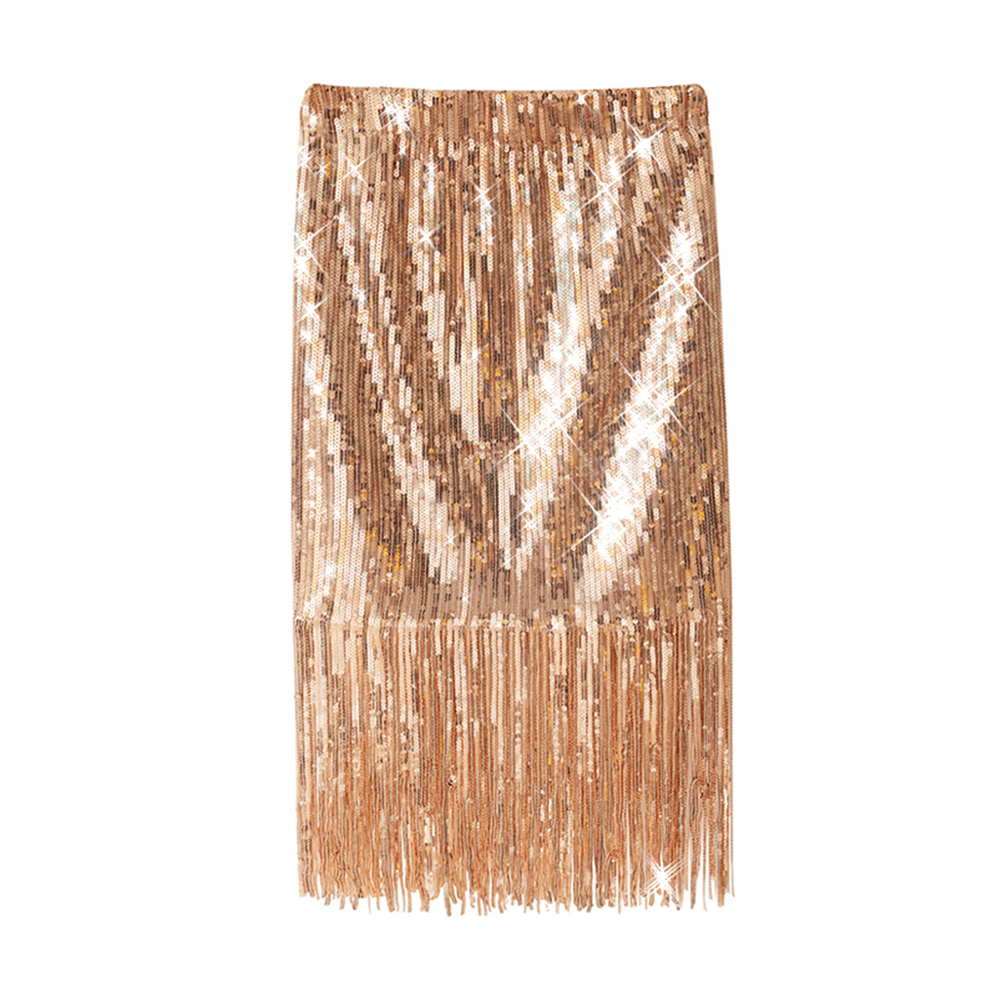 Women's Fashion Over-The-knee Sequined Temperament Fringe Skirt High Waist Mid-Length Slim Wrap Hips Silver Metal Bling 210521