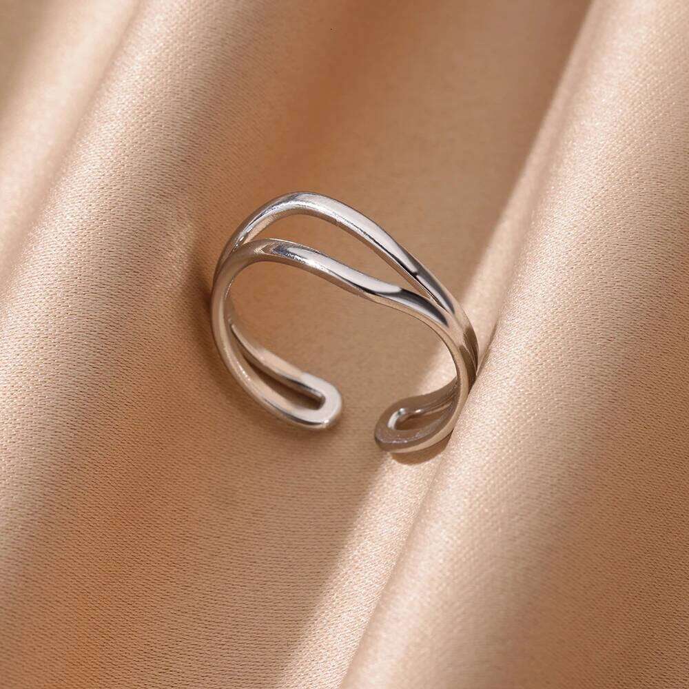 Hollow Double Layer Line Stainless Steel Rings For Women Men Opening Adjustable Gold Color Ring Wedding Fashion Jewelry Gift XJ260127