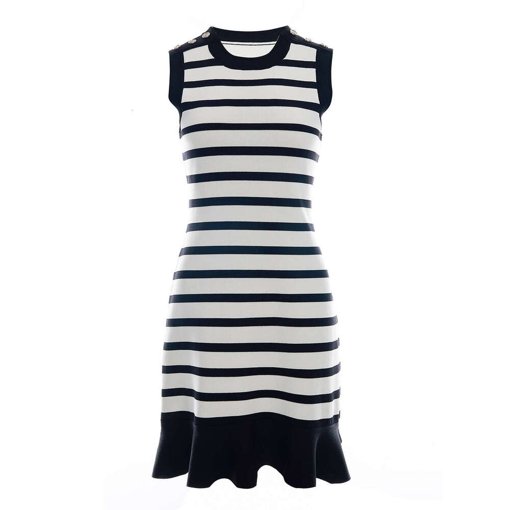 2026 new black striped round neck sleeveless vest slim fit elegant color block mermaid dress