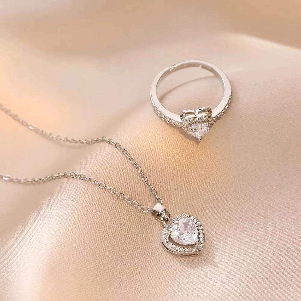 Charm Fashion Pink Heart Zircon Rings for Women Luxury Silver Color Stainless Steel Crystal Necklace Jewelry Set Gift Colorfast XJ260127
