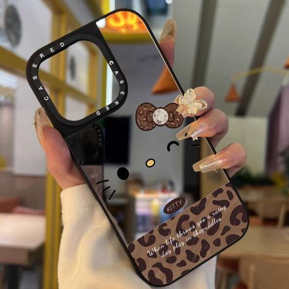 Suitable for iPhone 16/17 Pro Max Leopard Kitty 15 Phone Case Ins Apple 13 Makeup Mirror Bowknot S260128