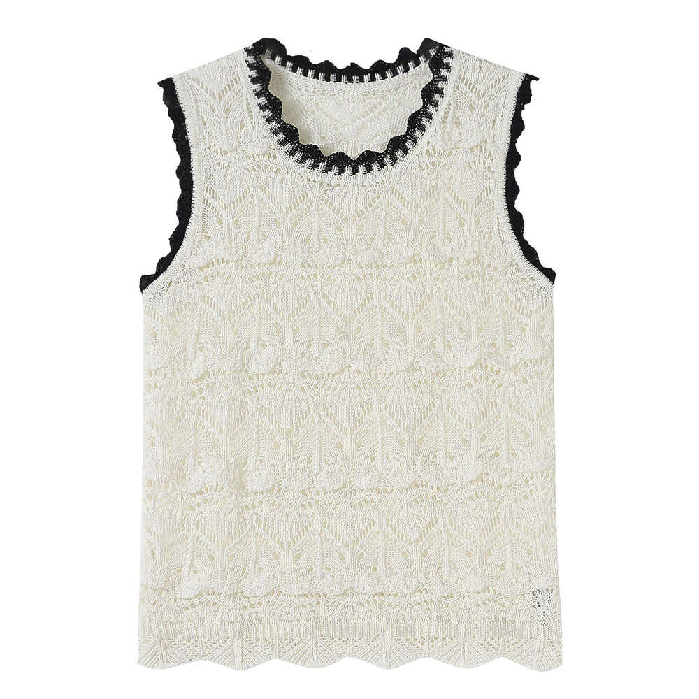 2026 Summer New French Design Knitted Hollow Crochet Needle Color blocked Round Neck Sleeveless Vest Linen Women's Top