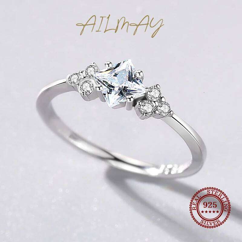 Ailmay 100% 925 Sterling Sparkling Square Cubic Zirconia Finger Ring For Women Wedding Statement Fine Silver Jewelry XJ260127