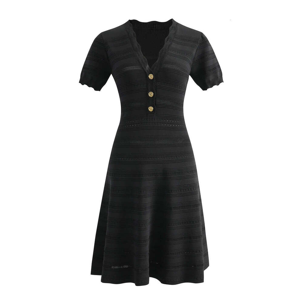 Style: 2026 Summer New Wave Edge V-neck Hollow Short Sleeve Knitted Slimming Women's Dress