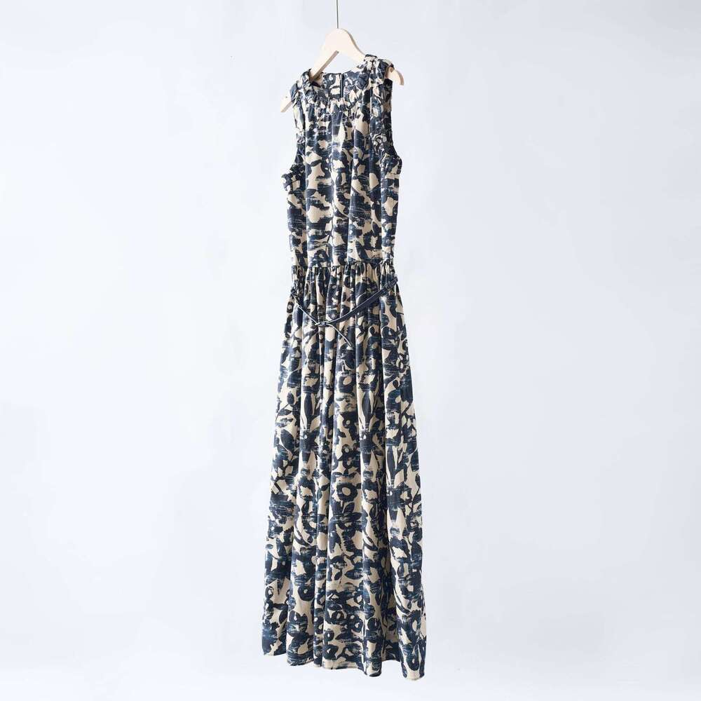 2026 Summer New Designer Cotton Poplin Printed Round Neck Sleeveless Dress for Women with Belt