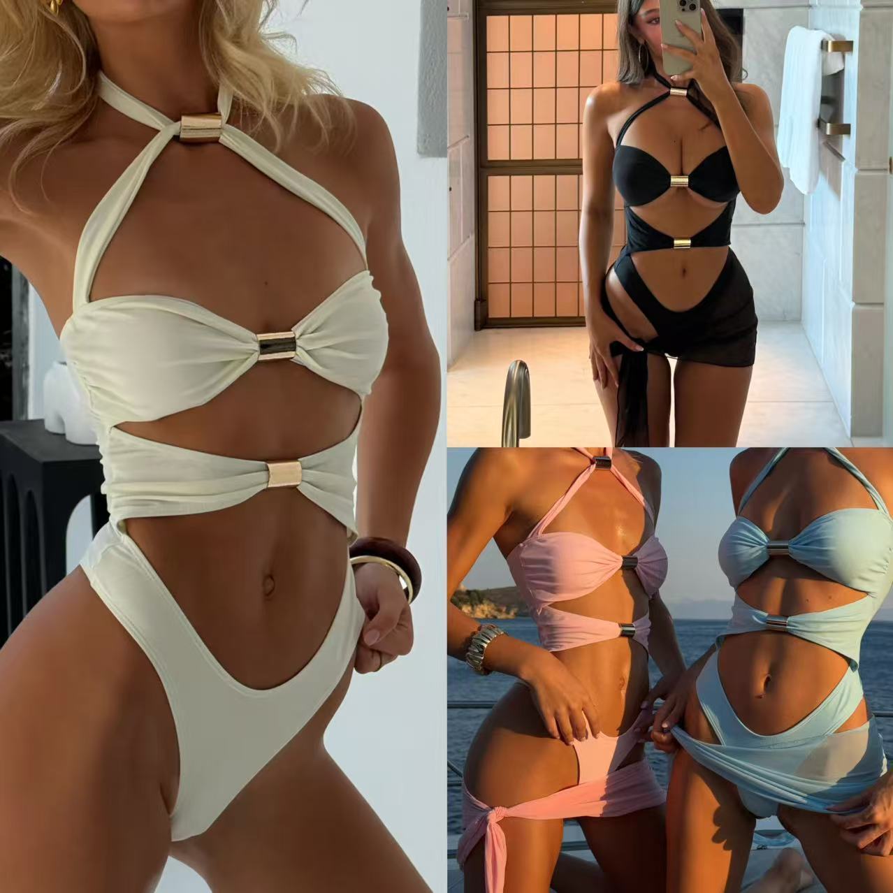 Womens Style Personality Hollow Metal Tube Splicing ColorBlock Bowknot Halter Jumpsuit Sexy 250521