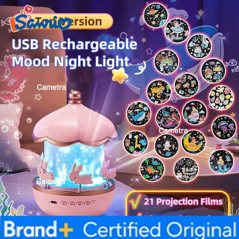 Sanrio Cartoon Rabbit Projection Bedside USB Charging Rotate Projector Night Light with Speaker for Home Room Decor Kids Gifts H260128