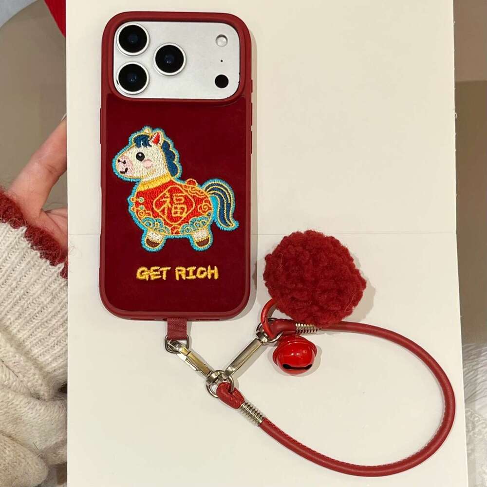 New Red Embroidered Fu Character Horse Year Suitable for Apple 17 Pro Max Phone Case iPhone 16/15/14 with Hand Strap S260128