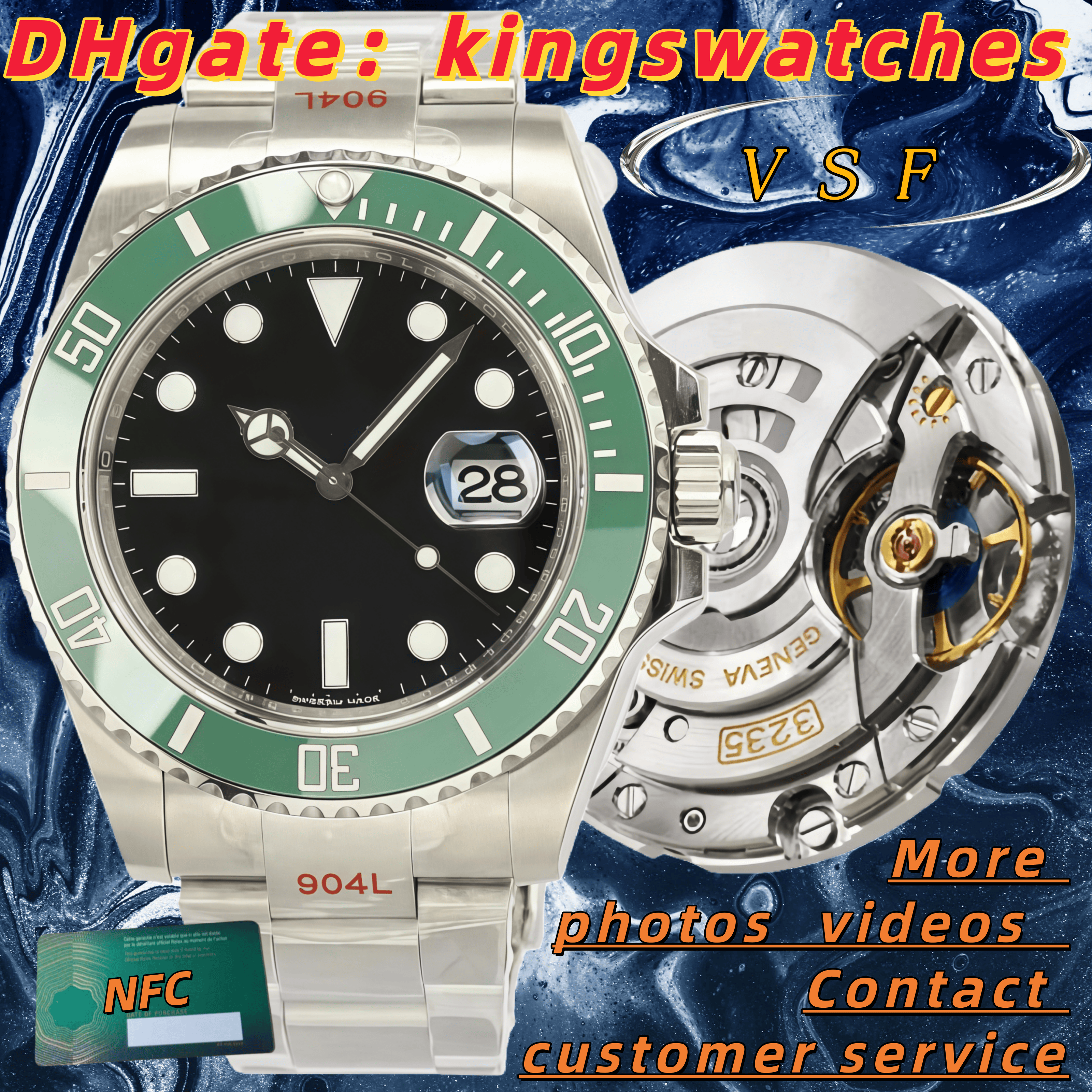 Top VS Super Factory 5A watch Designer Watch 904L Steel Strap 3235 Movement Sapphire Glass Waterproof 100 M Night Light AAAAA Men's Watch Diving Watch New box with NFC