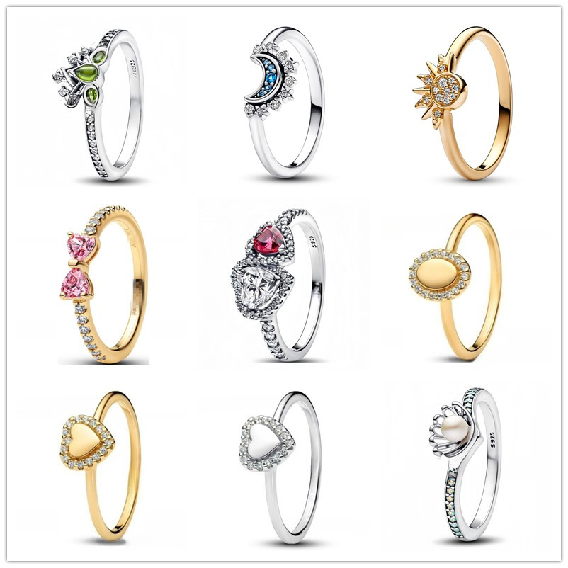 New 925 Silver Light Gold Crown Love Bow Colored Diamond Ring Charm Fit for Party Daily Leisure Wear DIY Women's Boutique Rings Jewelry