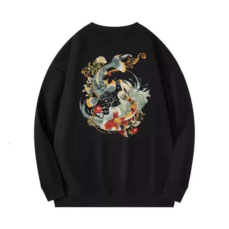 Koi National Trend Embroidered Sweatshirt Round Neck Cotton Double Fish Playing In Water Top For Men