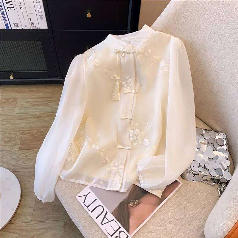 Chiffon Chinese Style Women's Shirt Summer Vintage Embroidery Blouses Loose Long Sleeves Women Tops Fashion Clothing DREAM RECALL
