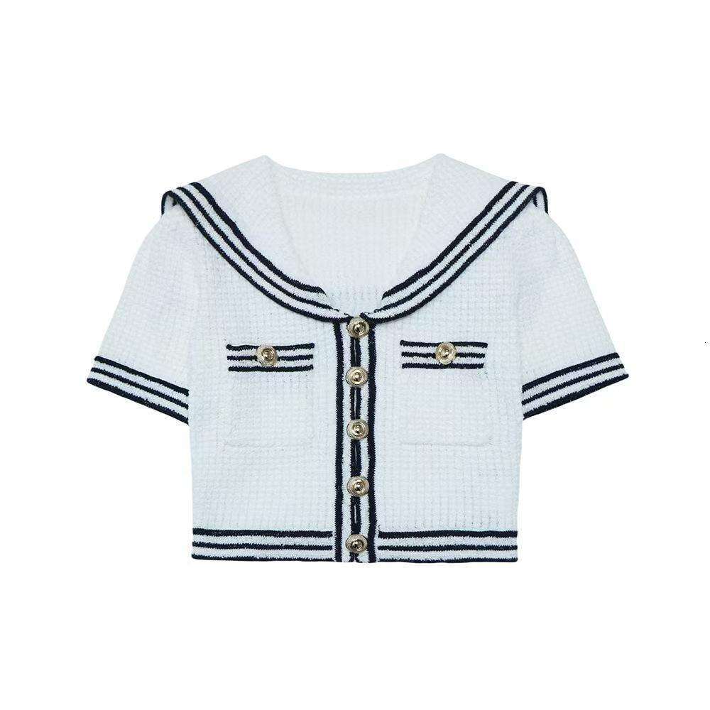 2026 Summer New Designer Retro Navy Collar Hollow Top Ruffle Knitted Women's Two Piece Set