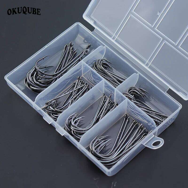110pcs/box Long Shank Barbed Fishing Hooks High Carbon Steel Double Baits O-Ring Head Strong Sharp Fishhooks For OceanSeaFishing Z260128