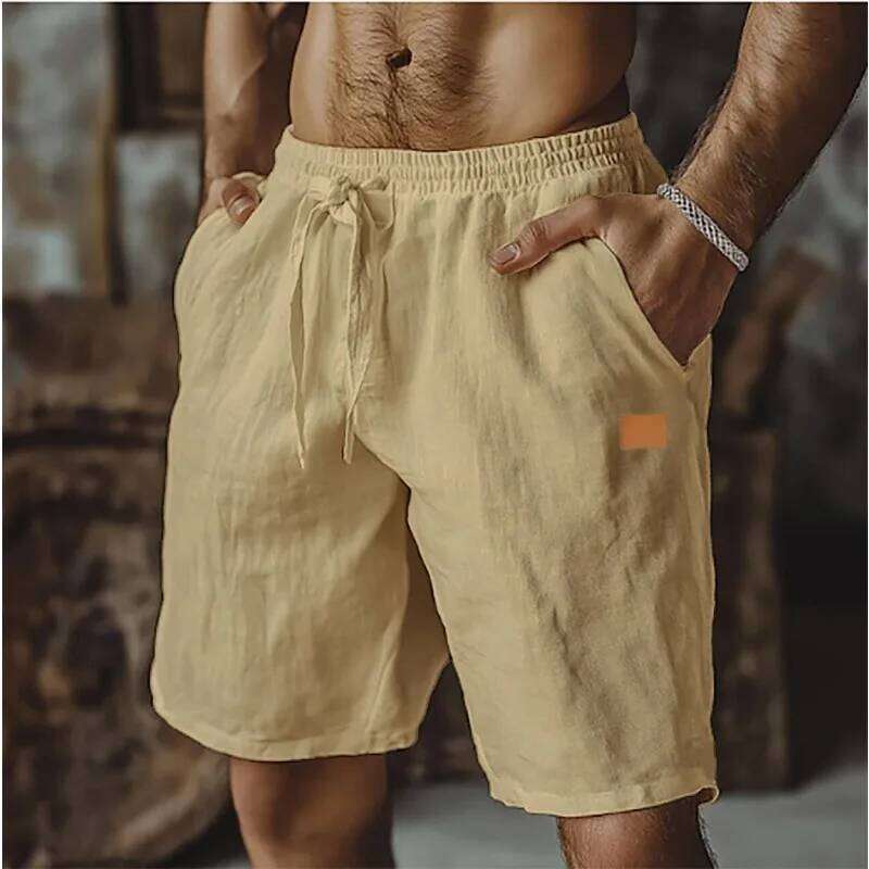 Linen Shorts Drawstring Elastic Waist Straight Legs Solid Color Breathable Daily Beach Five-point Casual Pants X260128