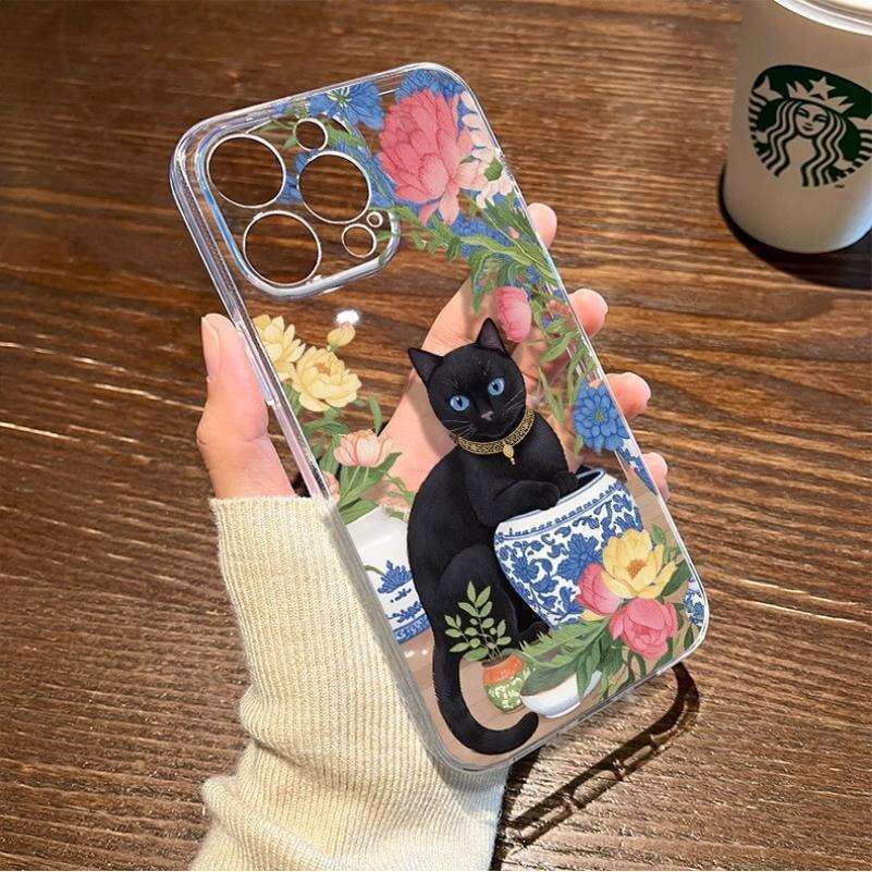 Blue and White Porcelain Peony Black Cat Case for iPhone 16, 15 Pro Max, Niche 14 Pro, Apple 13/12 S260128