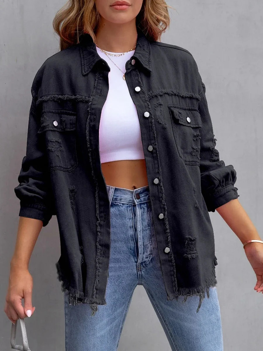 Womens Ripped Distressed Denim Jackets Long Sleeve Button Down Jacket Coats Autumn Tops Outerwear Fashion 260128