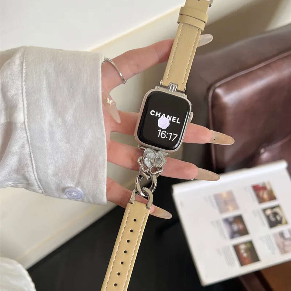 Camellia Leather Metal Apple Watch Strap for iWatch 38mm 40mm 41mm 42mm 44mm 45mm 46mm 49mm Series 3 4 5 6 7 8 9 10 Ultra 2