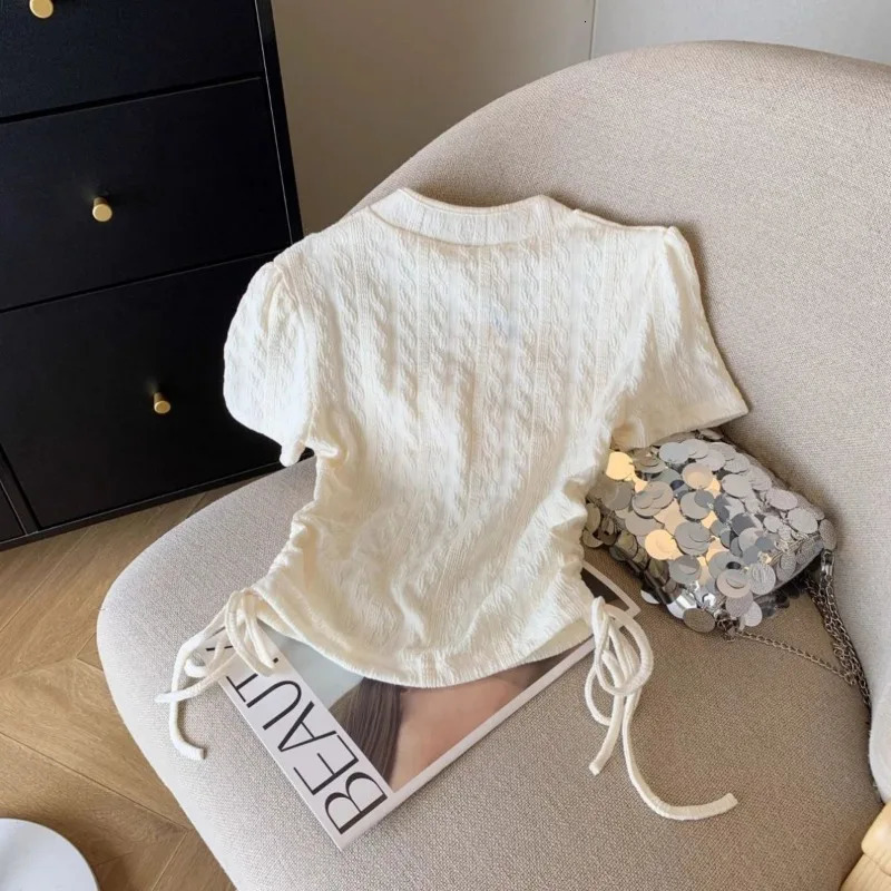 Solid Short Sleeve T-shirts Women Summer Sweet Girls Hollow Out Button Stand Collar Shirring Cropped Slim Trendy Chinese Style 260128 - view 4