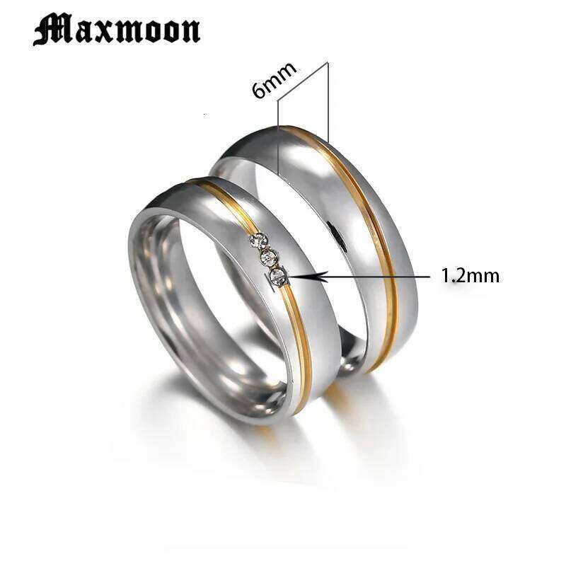 Maxmoon 2019 New Gold color Stainless Steel Wedding Bands Shiny Crystal for Female Male Jewelry 6mm Engagement Ring XJ260127