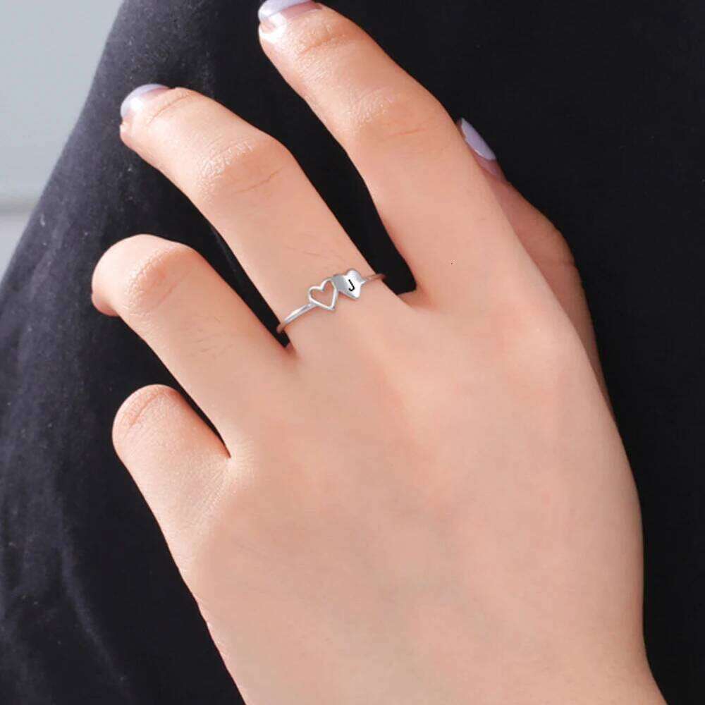COOLTIME Initial Letter Ring for Women Stainless Steel A-Z Alphabet Double Heart Rings Fashion Wedding Valentine's Day Gift XJ260127