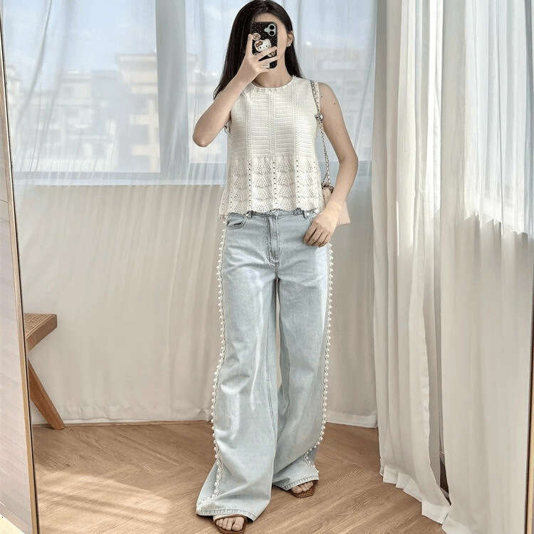 2026 Summer New French Vacation Style Round Neck Pearl Decoration White Knitted Loose Sleeveless Women's Top