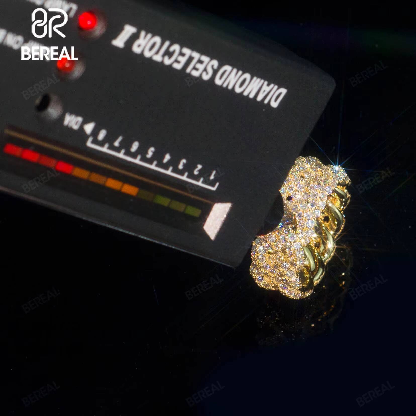 Pass Diamond Tester Cuban Chain Style 14K Solid Gold Moissanite Hip Hop Ring Iced Out Round Brilliant Cut Vvs Diamond Band