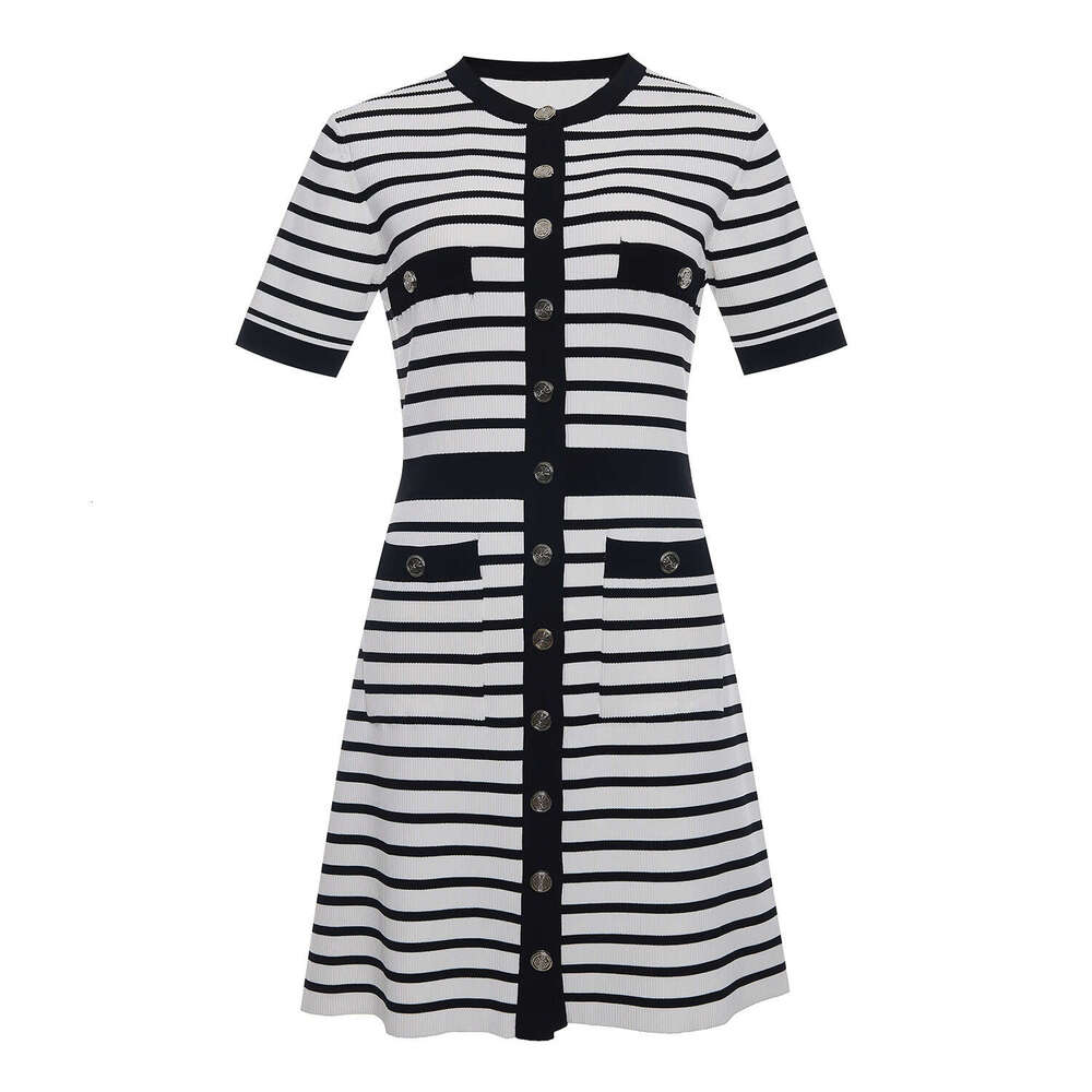 2026 Spring/Summer New French Round Neck Color blocked Striped Single breasted Short Sleeve Elegant Slimming Knitted Dress