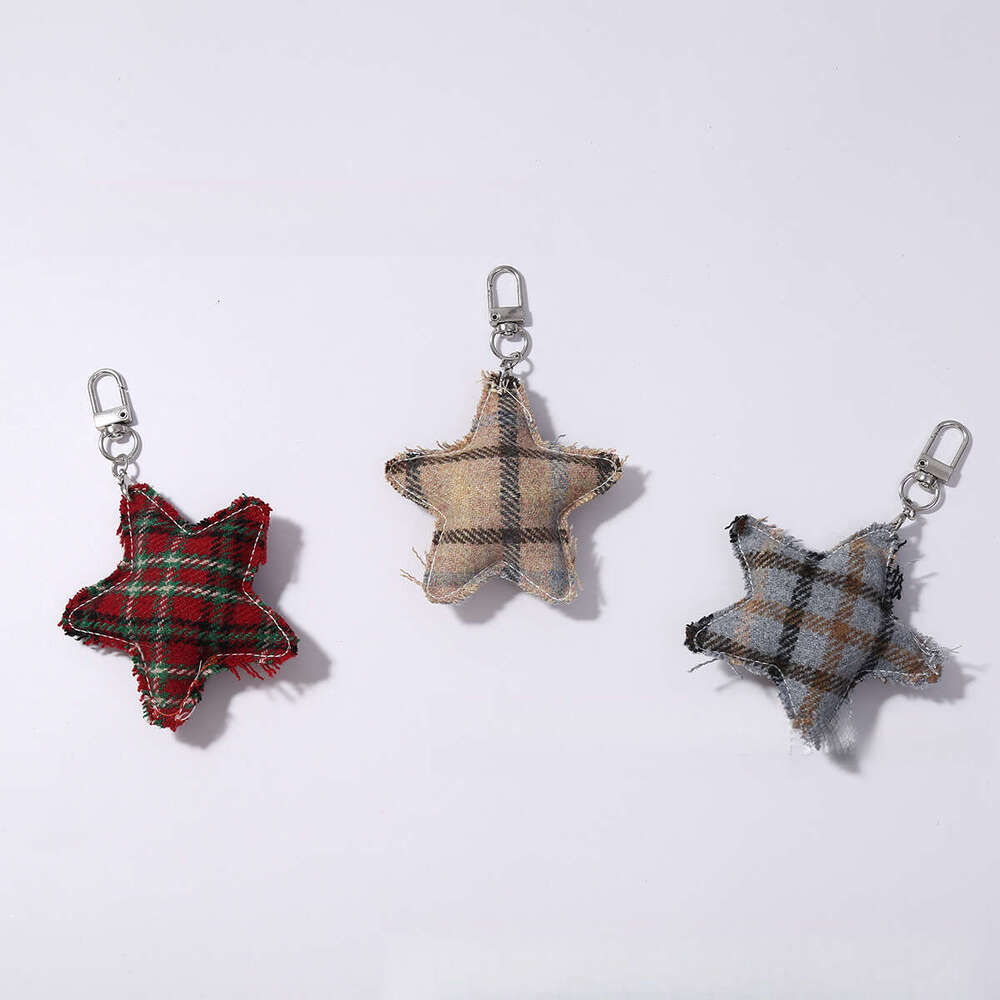 Bag Charm Keychain Plaid Fabric Star Pendant Silver Hanger Keychain Accessory for Daily Use