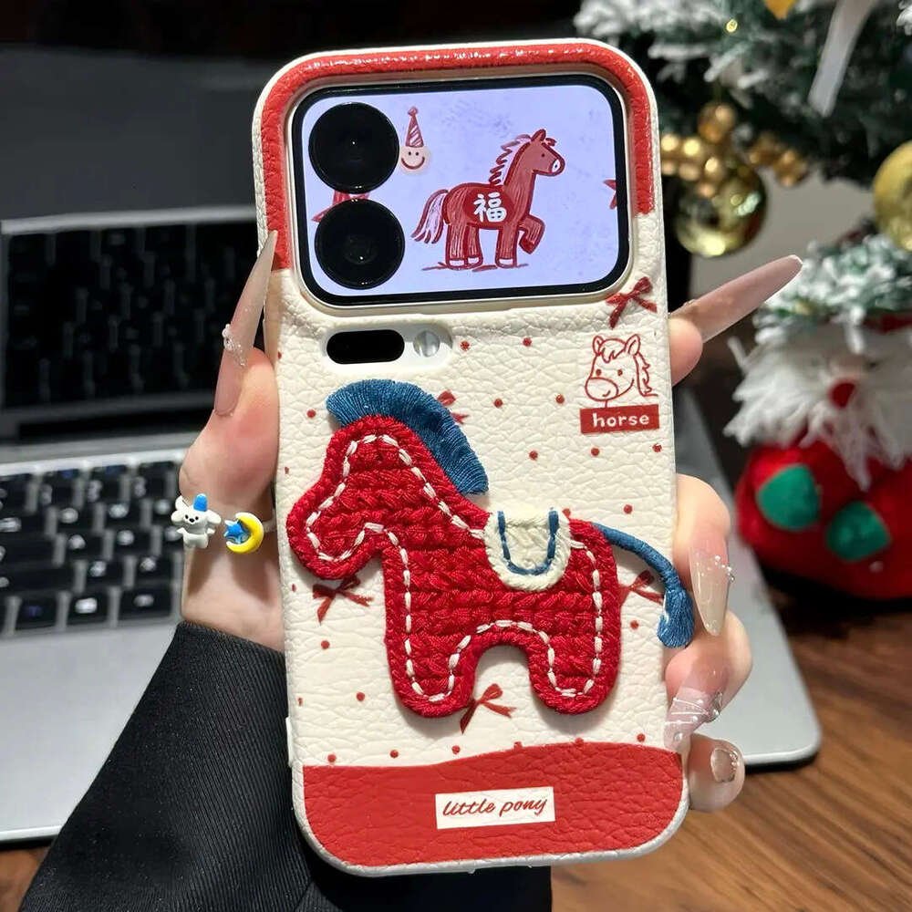 Embroidered Knitted Pony Lanyard Compatible with Apple 17 Phone Case iPhone 16/15 Pro Max New Year Red Soft 13 S260128