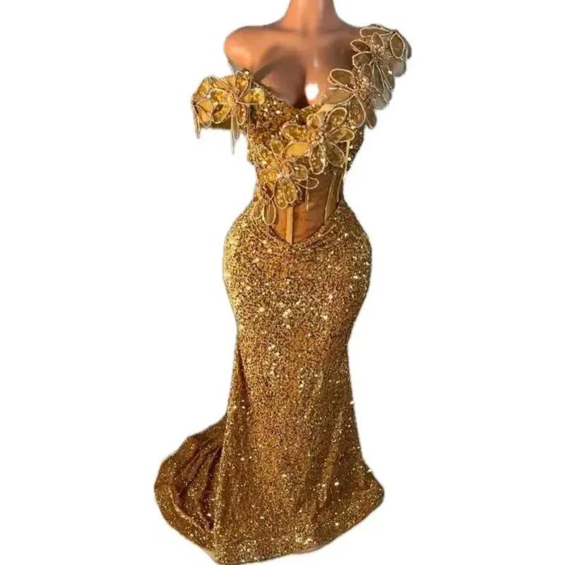 Sparkly Gold Sequined Evening Dresses Aso Ebi Beautiful Flowers Corset Bodice Special Occasion Gown Sweep Train Mermaid Women Second Reception Prom Dr