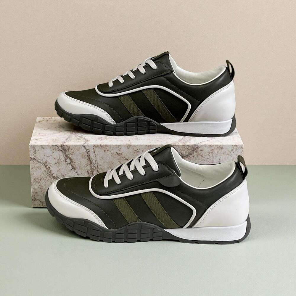 OKIMOZ Retro Color-Block Leather Sneakers - Black & Olive Casual Athletic Shoes myxczx66