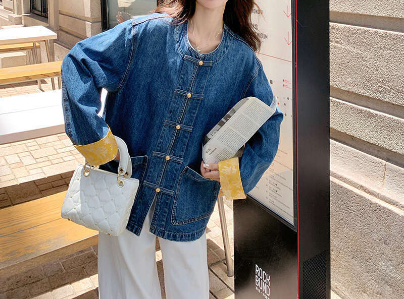 Women's Chinese Style Frog Button Denim Jacket Loose Fit Casual Jean Coat