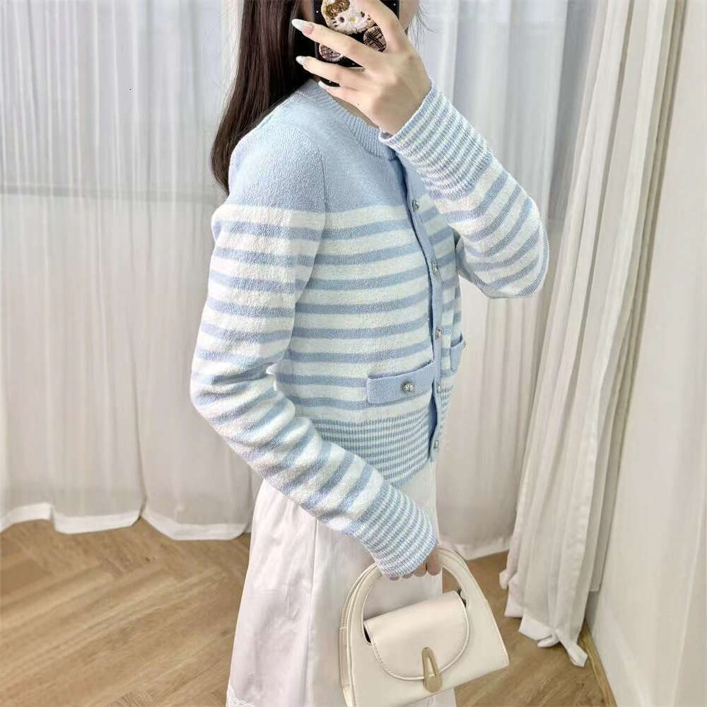 2026 Spring/Summer Blue and White Striped Round Neck Knitted Cardigan Jacket Short Texture Women's Tank Top